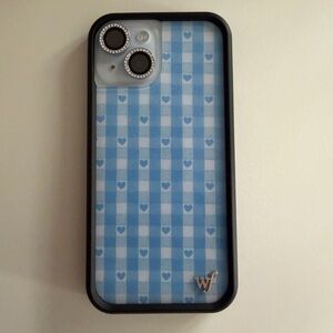 iphone 15 case with blue gingham hearts and the wildflowers logo